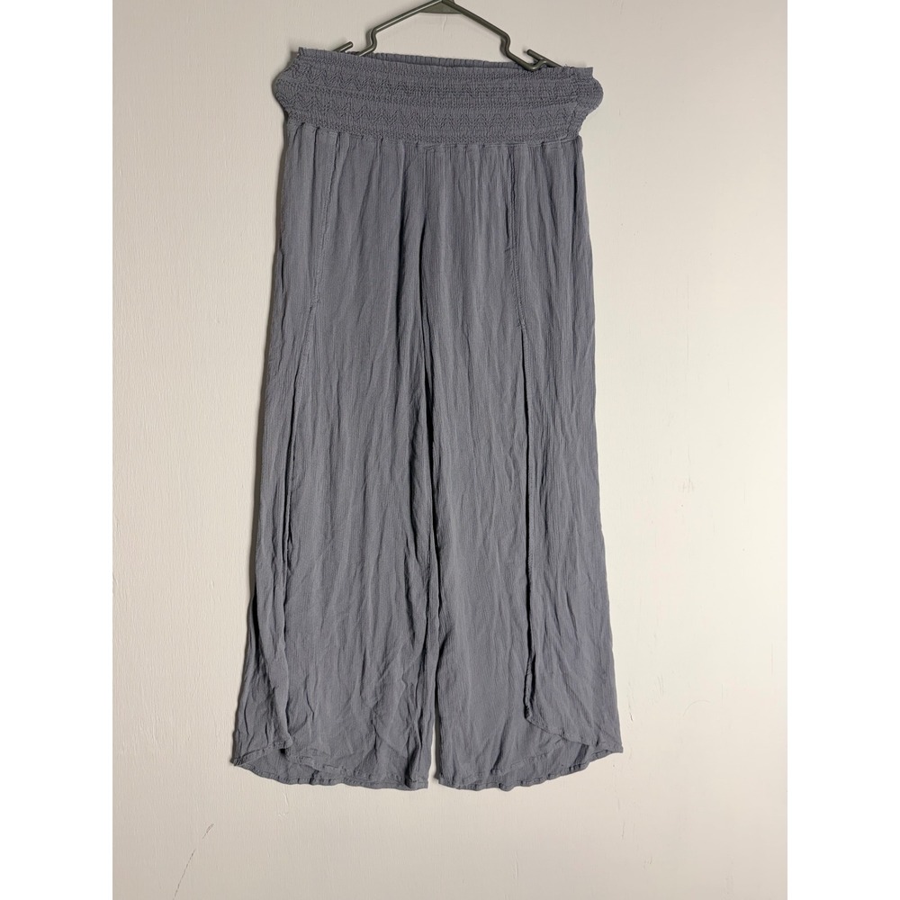 Rewash Wide Leg Gauze Pants Smocked Waist Split Front Boho Dusty Blue Gray L